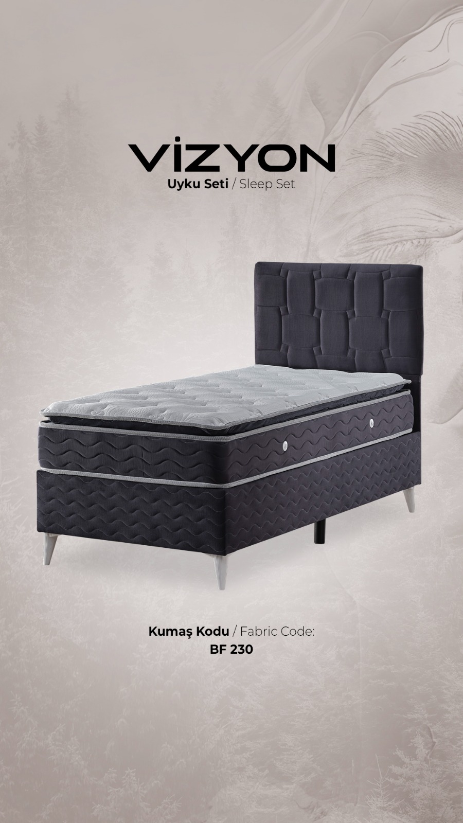 vizyon 100*200 gri baza yatak başlık set